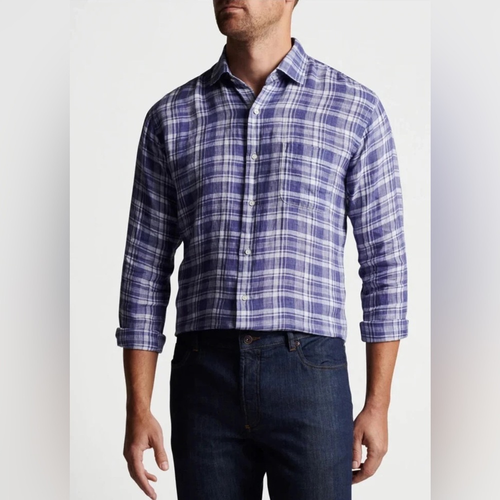 Peter Millar 100% Linen‎ Long-Sleeve Button Down Shirt Atlantic Blue Plaid XL